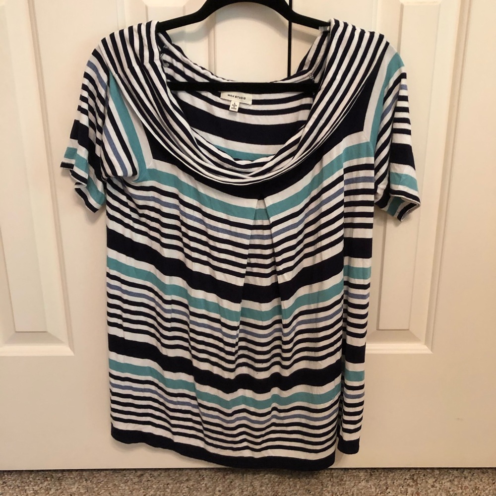 Max Studio Navy, White, Aqua Striped Top